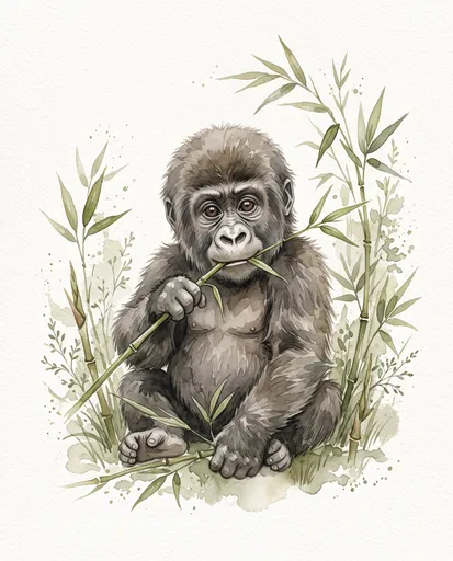 Watercolor Baby Gorilla Eating Bamboo
