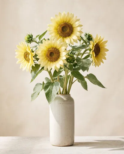 Pale Yellow Sunflowers in Ceramic Vase
