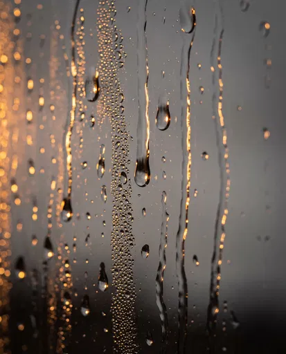 Warm Lit Raindrops on Window Glass