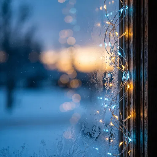Frosted Window with Holiday Fairy Lights