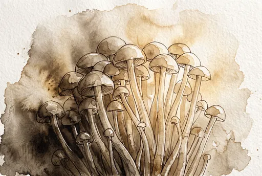 Sepia Watercolor Mushroom Cluster Illustration