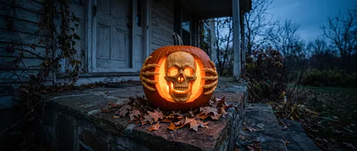 Glowing Skull Carved Pumpkin on Porch