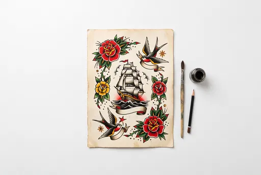 Traditional Tattoo Flash Art Flat Lay