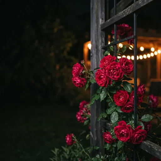 Red Roses on Night Patio Trellis