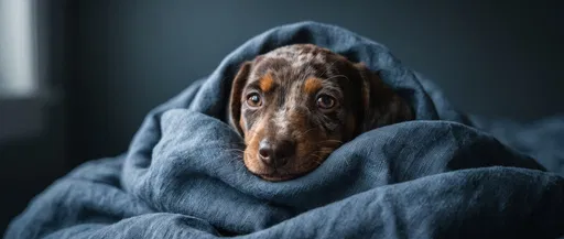 Dapple Dachshund Puppy in Blue Blanket