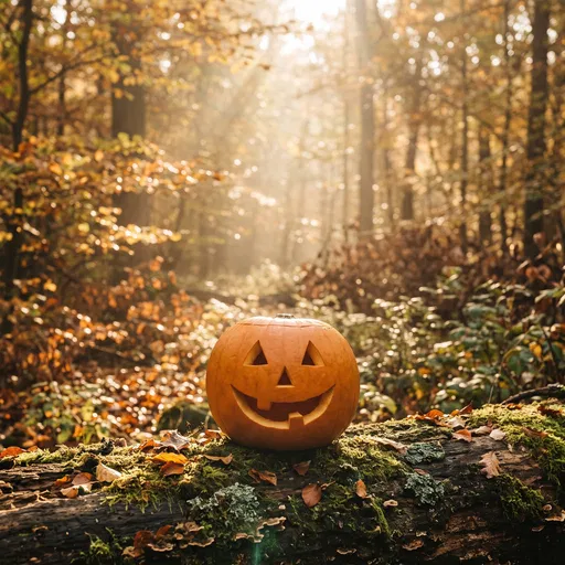 Carved Pumpkin on Mossy Autumn Log