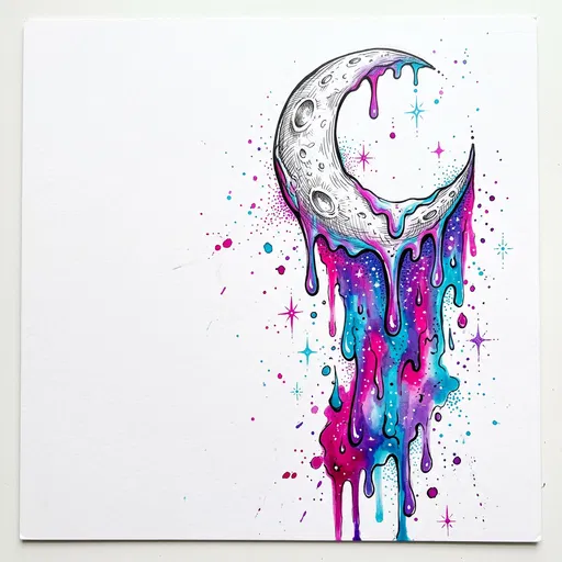 Melting Crescent Moon Ink and Marker Drawing