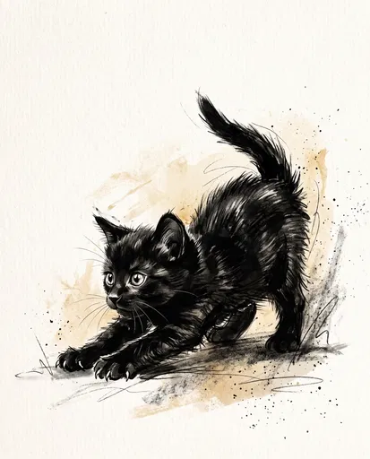 Black Kitten Stretching Ink Sketch
