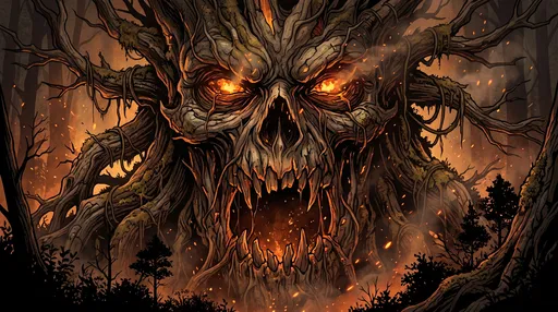 Glowing Demon Face in Gnarled Tree