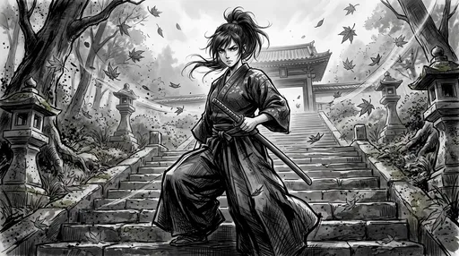 Monochrome Anime Illustration of Female Samurai