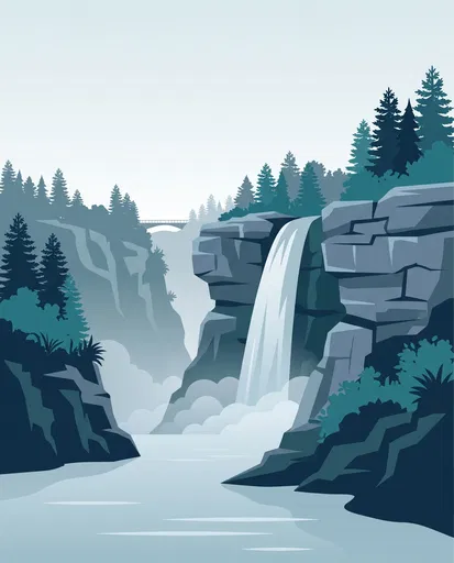 Flat Illustration of Misty Gorge Waterfall