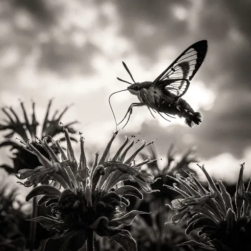 Monochrome Hummingbird Moth Over Wild Bergamot