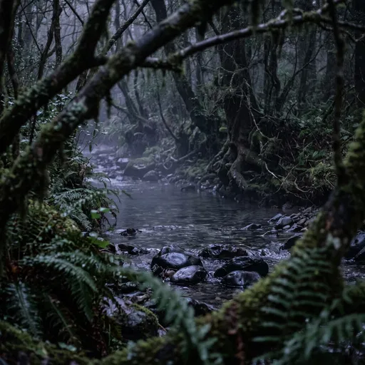 Misty Dark Woodland Stream Through Ferns