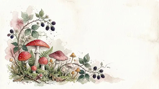 Watercolor Woodland Mushrooms and Blackberry Brambles