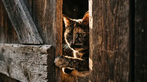 Tortoiseshell Cat Peeking Through Barn Door