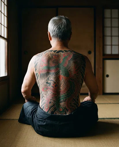 Man With Traditional Japanese Phoenix Back Tattoo