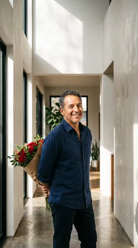 Smiling Man Hiding Red Roses in Hallway