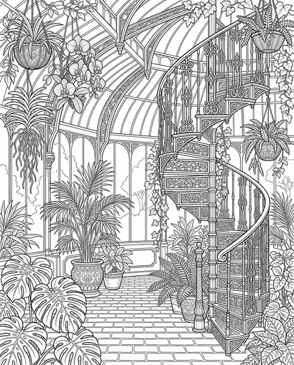 Victorian Greenhouse Spiral Staircase Coloring Page