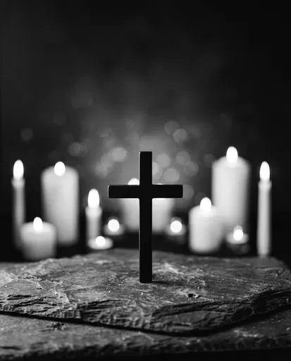 Black Cross on Slate with Candles