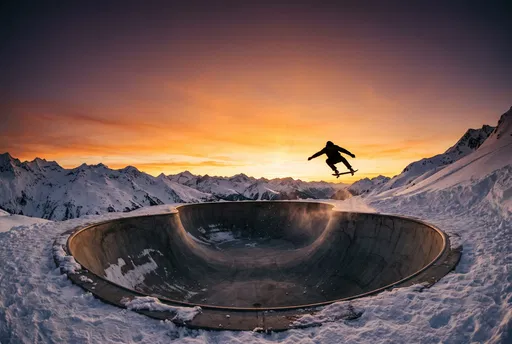 Skateboarder Jumping Above Alpine Bowl at Sunset