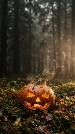 Glowing Jack-O'-Lantern in Misty Forest