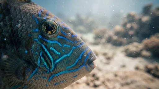 Macro Profile of Blue-Striped Tropical Fish