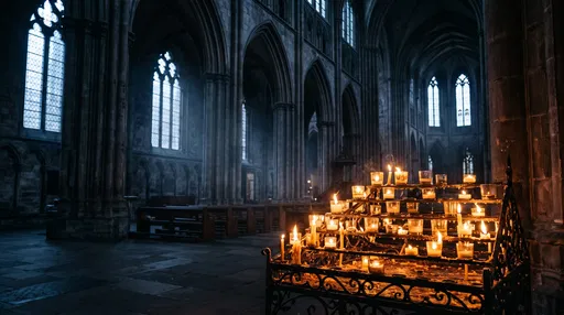 Votive Candles Glowing in Dark Cathedral