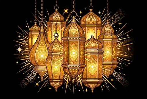 Glowing Golden Moroccan Lanterns Vector Illustration