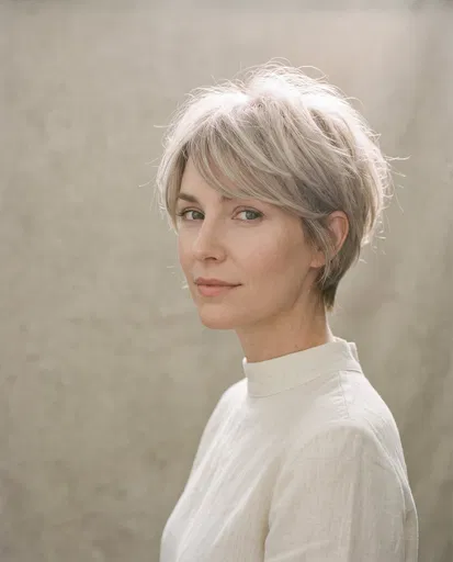 Woman With Ash Blonde Pixie Cut