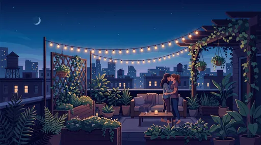 Women Kissing on Urban Rooftop at Night