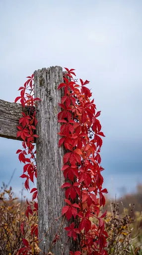 Red Virginia Creeper on Weathered Fence Post