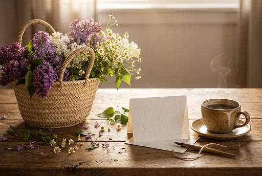 Spring Flowers Basket With Blank Greeting Card