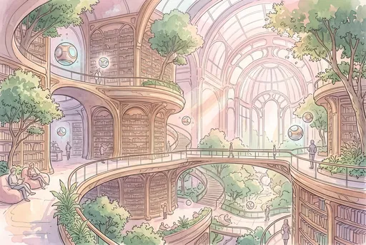 Futuristic Watercolor Library With Floating Orbs