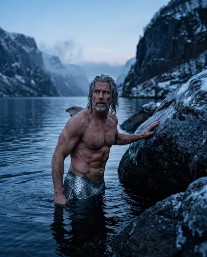 Weathered Merman in Rugged Nordic Fjord