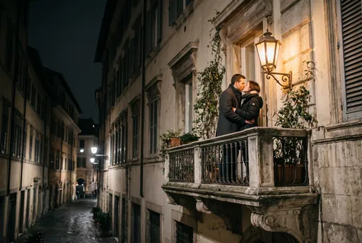 Couple Kissing on European Balcony at Night