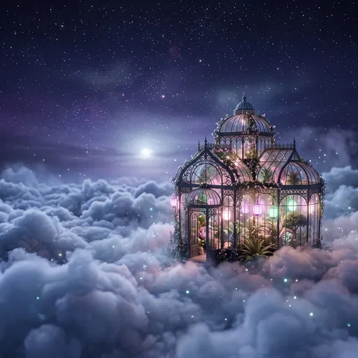 Glowing Glass Conservatory Floating in Night Clouds
