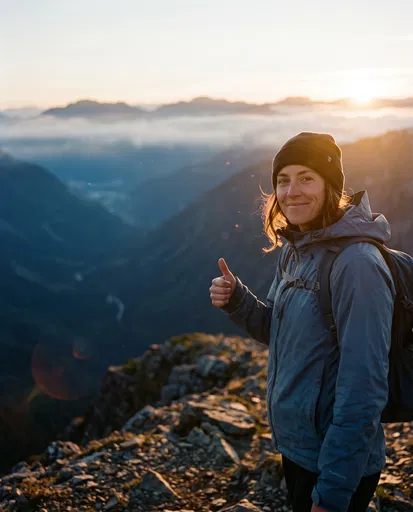 Female Hiker Giving Thumbs Up at Sunrise