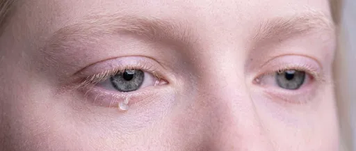 Macro Close-Up of Tearful Grey Eyes