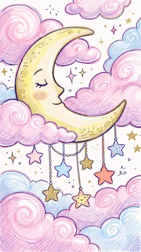 Whimsical Pastel Moon and Clouds Illustration