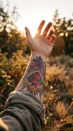 Forearm With Sacred Heart Tattoo in Sunlight