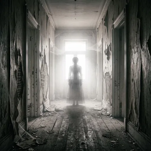 Ghostly Apparition in Decaying Victorian Hallway