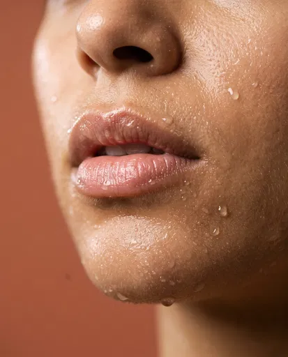 Macro Portrait of Hydrated Skin and Lips
