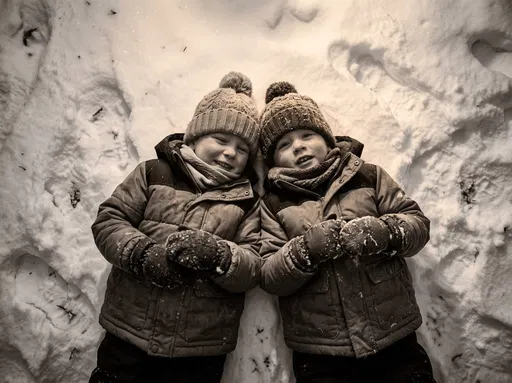 Two Children Lying in Winter Snow