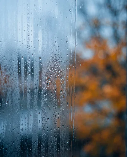Condensation Droplets on Glass in Autumn