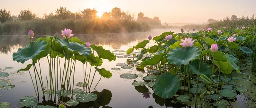 Misty Lotus Pond at Golden Hour Sunrise