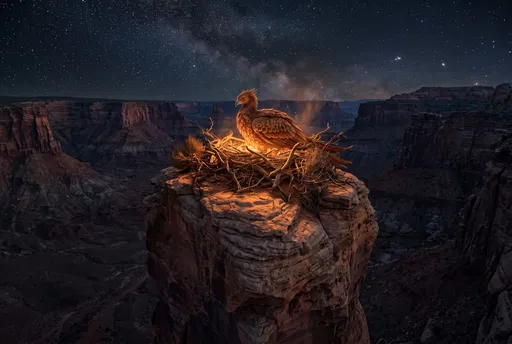 Glowing Phoenix Nesting on Desert Pillar