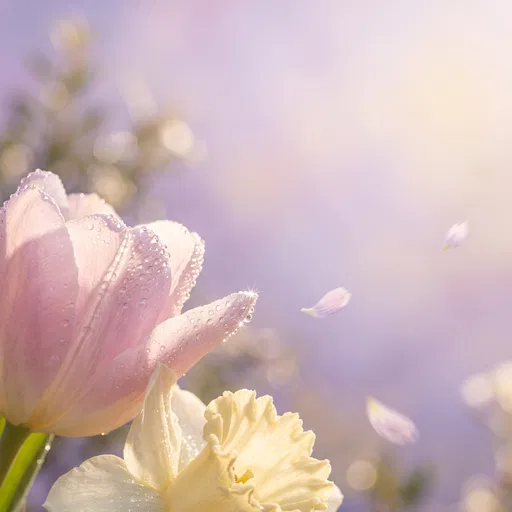 Dewy Pastel Tulip and Daffodil Macro