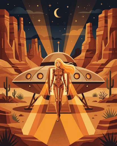 Retro Illustration of Alien Exiting UFO