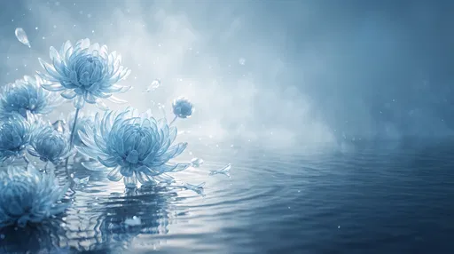 Ice Blue Chrysanthemums on Misty Water