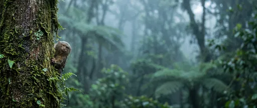 Tiny Marmoset on Mossy Rainforest Tree